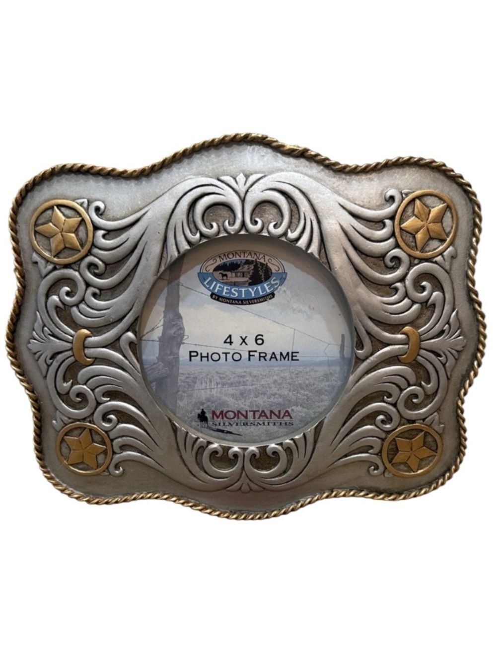 Vintage Montana Silversmiths Silver Gold Rope Trim Western 4x6 Photo Frame